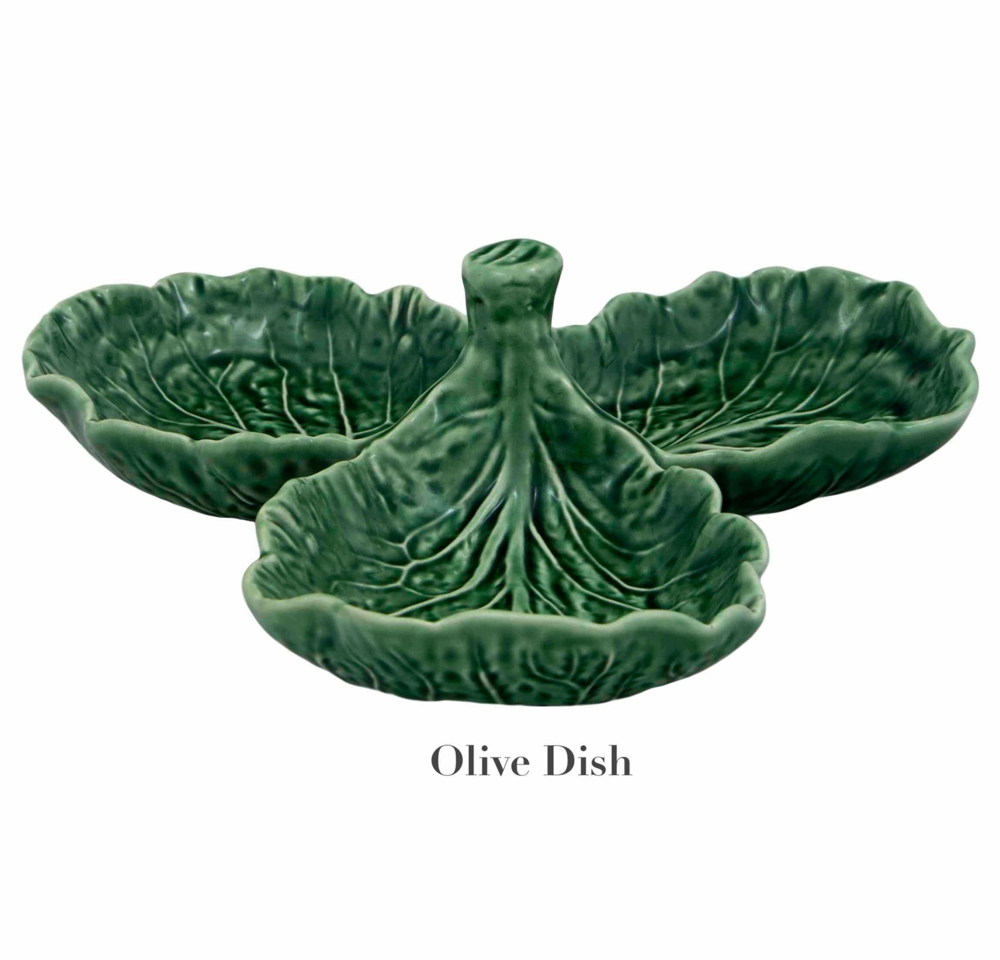 The HIVE Cabbage Leaf Green Collection features a handmade Portuguese ceramic olive dish with three leaf-shaped sections and a central handle, part of our Serveware Collection.