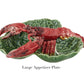The HIVE Cabbage with Lobsters Serveware Collection features a large handmade ceramic appetizer plate shaped like green cabbage leaves with a red lobster design—ideal for unique serveware displays.
