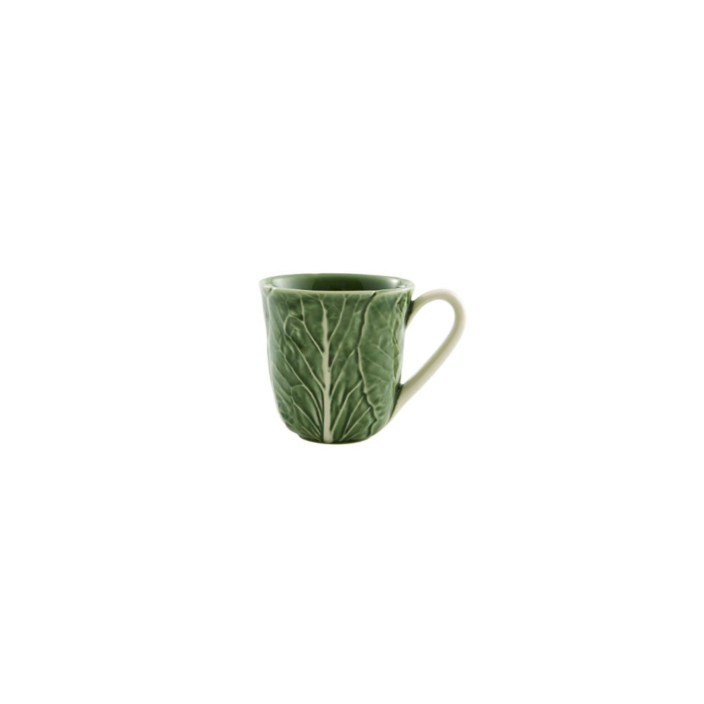 The Bordallo Pinheiro Green Cabbage Dinnerware Collection ceramic mug features a textured green leaf pattern inspired by Portuguese cabbage designs, shown with a handle against a plain white background.