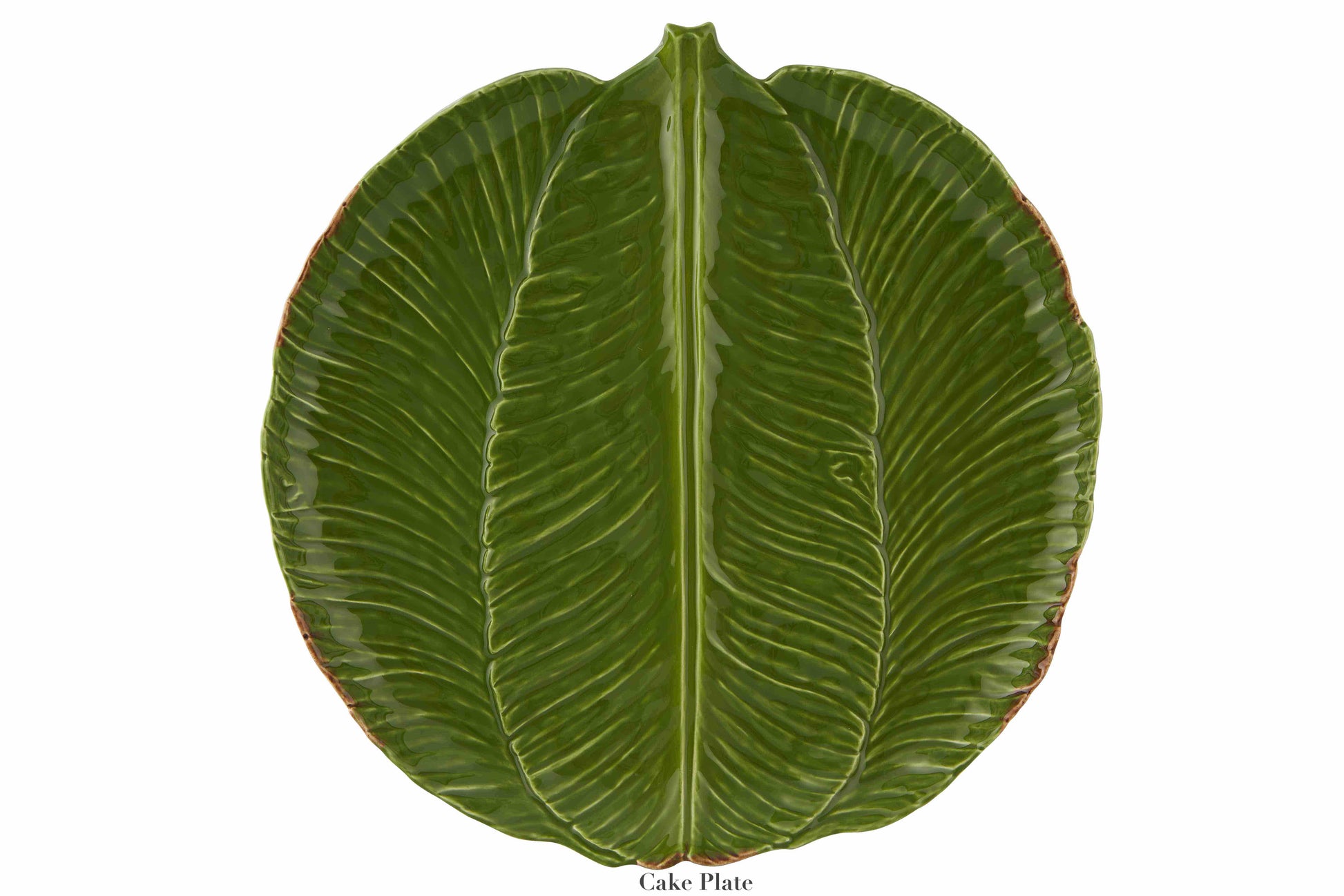 The Bordallo Pinheiro Bananas From Madeira Serveware Collection features a green, leaf-shaped ceramic cake plate with detailed veins and a glossy finish—ideal for bringing tropical flair to your table. Pictured from above on a white background.