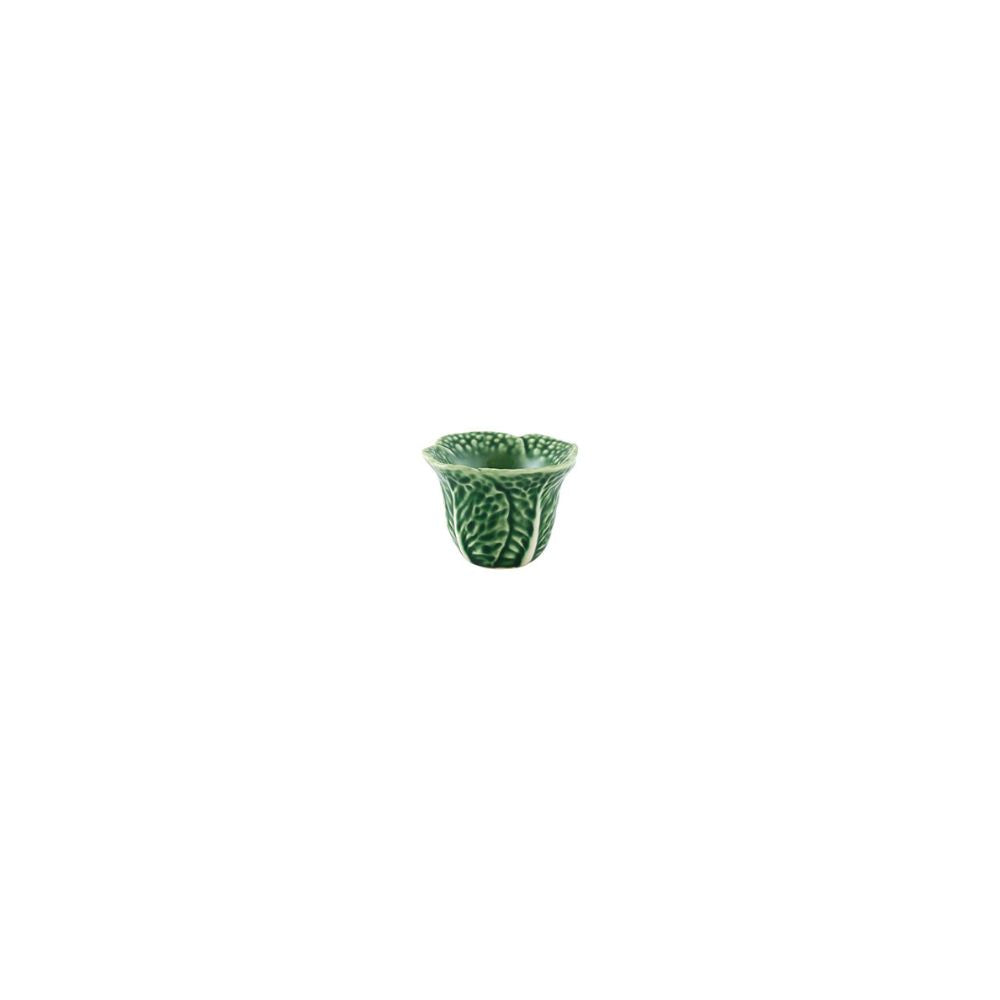 This small green ceramic cup from the Bordallo Pinheiro Green Cabbage Dinnerware Collection features a leaf pattern design, inspired by traditional Portuguese cabbage ware, shown against a plain white background.
