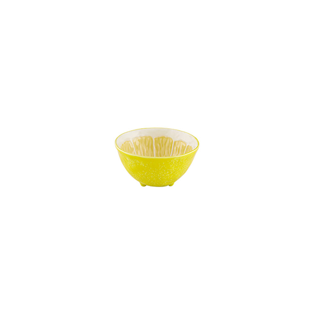 The Lemon Collection by Bordallo Pinheiro features a small, round yellow ceramic bowl with a textured pattern and white interior, evoking whimsical tableware and shown centered on a white background.