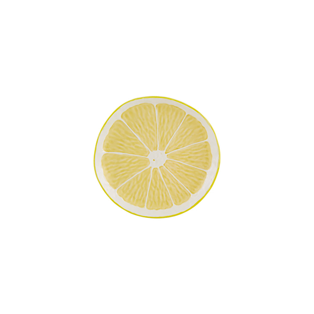 A whimsical top-view lemon slice illustration with visible segments on a white background from the Lemon Collection by Bordallo Pinheiro—ideal for unique tableware designs.