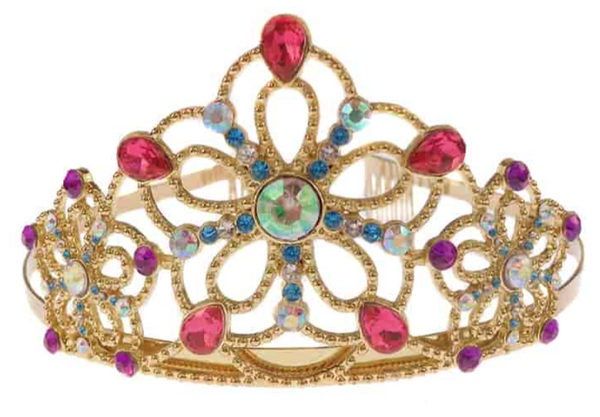 A Great Pretenders Bejeweled Tiara Gold, perfect for a princess costume, adorned with an intricate design featuring blue, green, red, and purple gemstones.