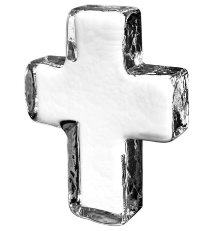 The Simon Pearce Large Cross is a three-dimensional piece crafted from clear, lead-free glass, displayed against a plain white background.