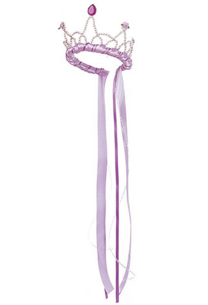 A Lilac Great Pretenders Ribbon Tiara with a crown design at the top, gems embedded around it, and ribbons hanging down.