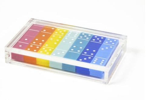 A set of Tizo Lucite Domino Set Collection arranged in a transparent acrylic case, perfect for outdoor entertaining by Tizo Design.