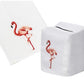 From the Haute Home Flamingo Coaster & Bath Collection: a white tissue box cover and matching napkin, both expertly crafted from premium linen and adorned with an embroidered pink flamingo standing on one leg.