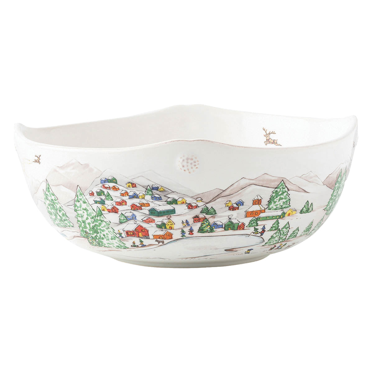 The Berry & Thread North Pole Dinnerware and Serveware Collection by Juliska features a white ceramic bowl with hand-painted village scenes—houses, trees, mountains, and a pond—ideal for holiday layering or pairing with reindeer Christmas tableware.
