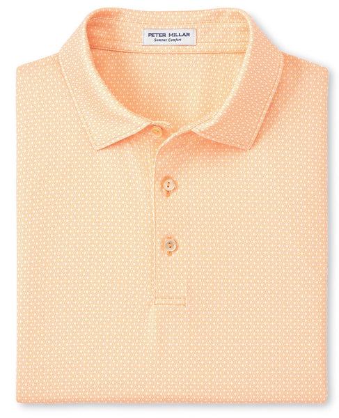 Folded Peter Millar Tesseract Performance Jersey Polo with a pattern on white background, featuring UPF 50+ sun protection.