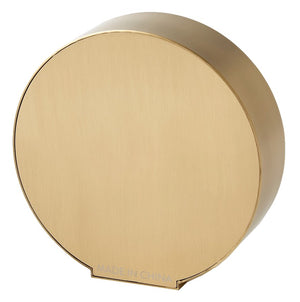 A Brass and Mother of Pearl Clock by Global Views, a solid circular object with a satin brass finish, marked with "Made in China" at the base.
