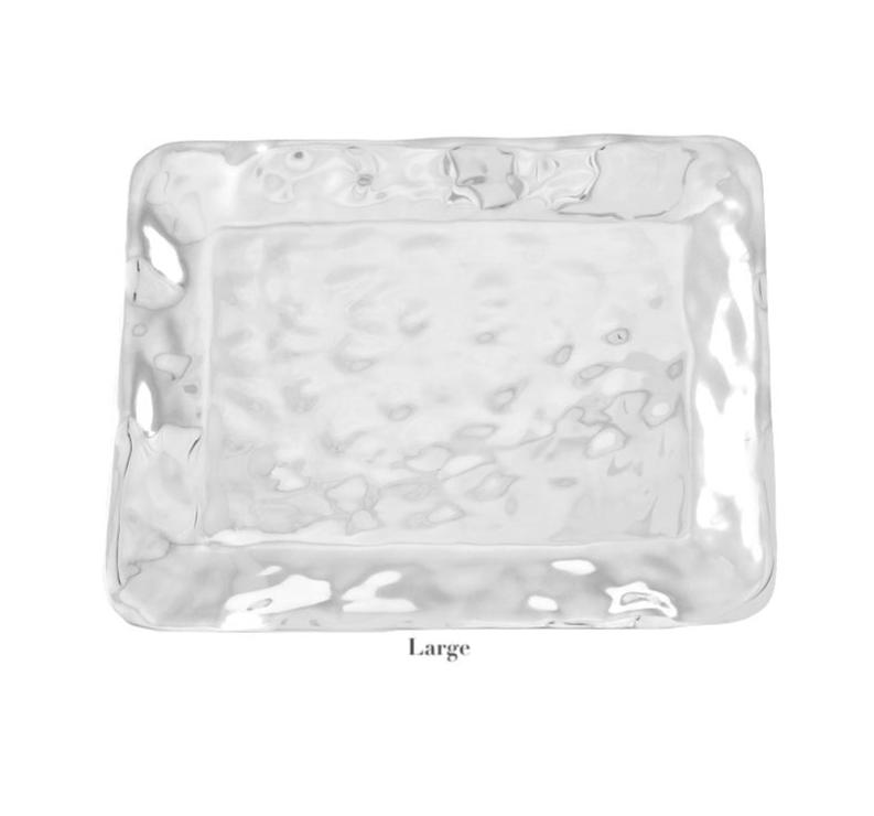 The Beatriz Ball Soho Brooklyn Rectangular Tray (Large) features a hammered aluminum alloy finish, ideal for family gatherings, and is shown against a white background.