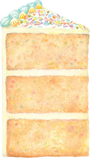 The Hester & Cook Cake Slice Table Accent features three layers, white icing, sprinkles, and blue and yellow frosting—a playful touch or unique place card for any celebration.
