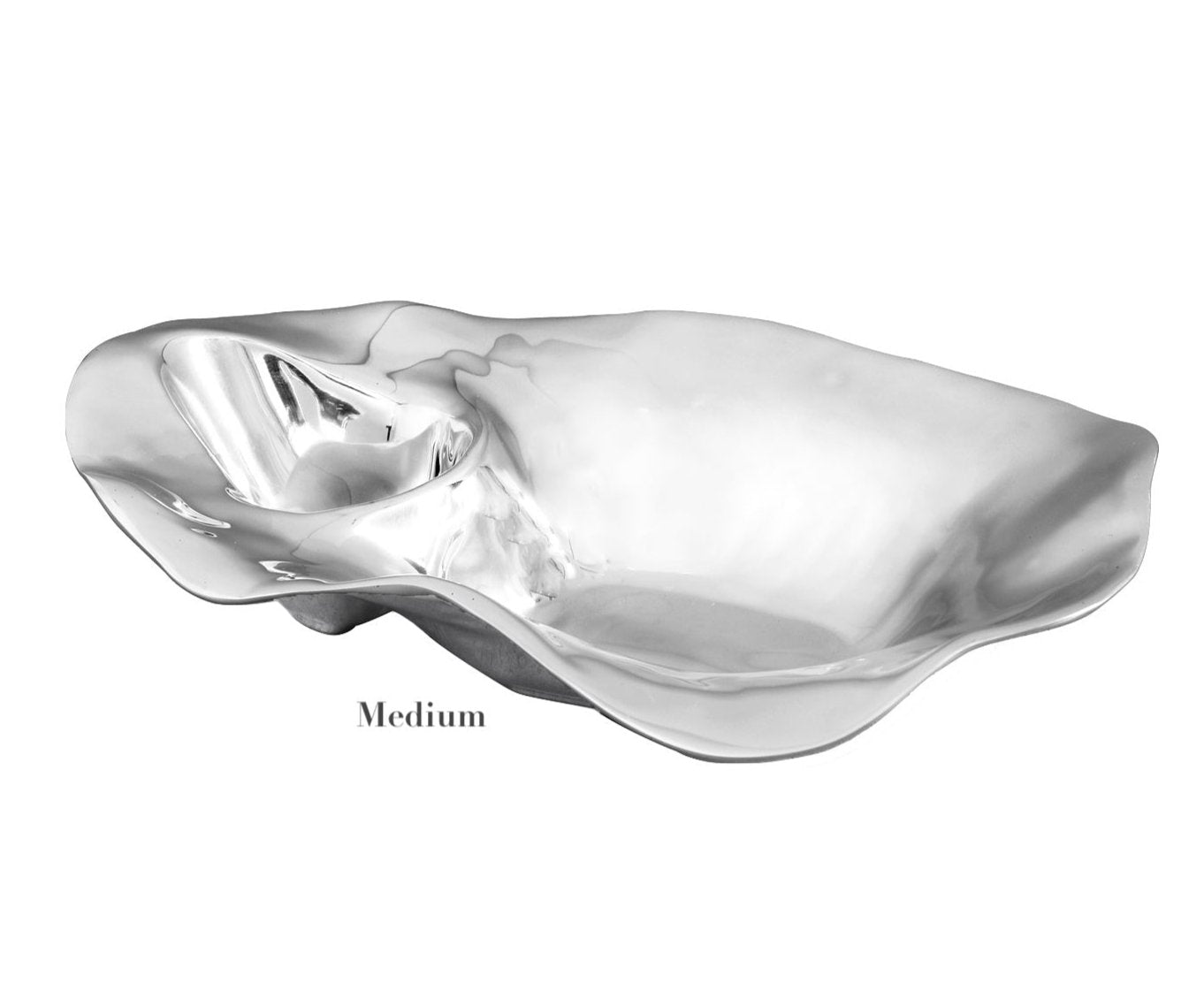 The Beatriz Ball Ocean Oyster Champagne Bucket Collection features a shiny, irregularly shaped metallic "Medium" bowl crafted from aluminum alloy, displayed on a white background.