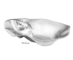 The Beatriz Ball Ocean Oyster Champagne Bucket Collection features a shiny, irregularly shaped metallic "Medium" bowl crafted from aluminum alloy, displayed on a white background.