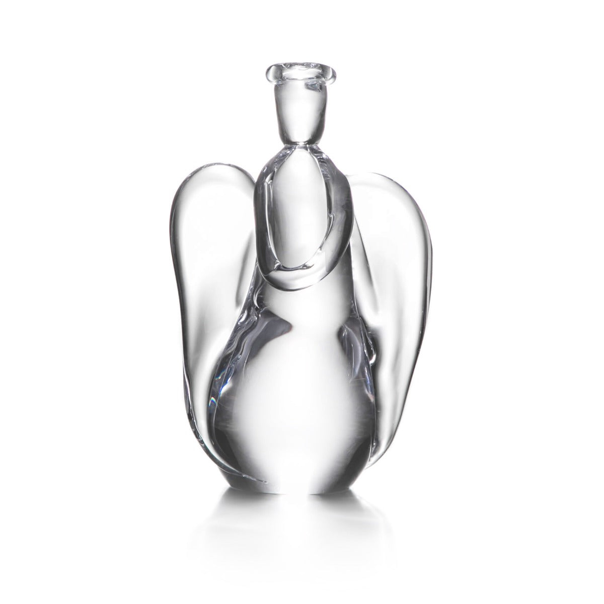 The Angel Collection by Simon Pearce features handmade glass angel ornaments with outstretched wings, crafted by skilled glassblowers and displayed upright on a white background.