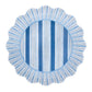 Round placemat with scalloped edge, subtle ruffle trim, and vertical blue and white stripes, accented by radiating blue lines. Pairs perfectly with Juliska’s Cabana Stripe Melamine Dinnerware Collection.