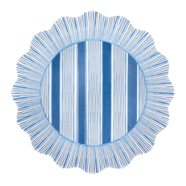 Round placemat with scalloped edge, subtle ruffle trim, and vertical blue and white stripes, accented by radiating blue lines. Pairs perfectly with Juliska’s Cabana Stripe Melamine Dinnerware Collection.