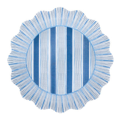 Round placemat with scalloped edge, subtle ruffle trim, and vertical blue and white stripes, accented by radiating blue lines. Pairs perfectly with Juliska’s Cabana Stripe Melamine Dinnerware Collection.
