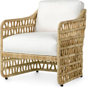 Thea Lounge Chair Natural by PALECEK features a natural rattan frame with white upholstered seat and backrest, shown on a white background.