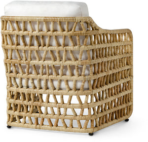 Thea Lounge Chair Natural by PALECEK features woven natural rattan in an open grid design with white upholstered seat and back cushions, shown from the back angle.