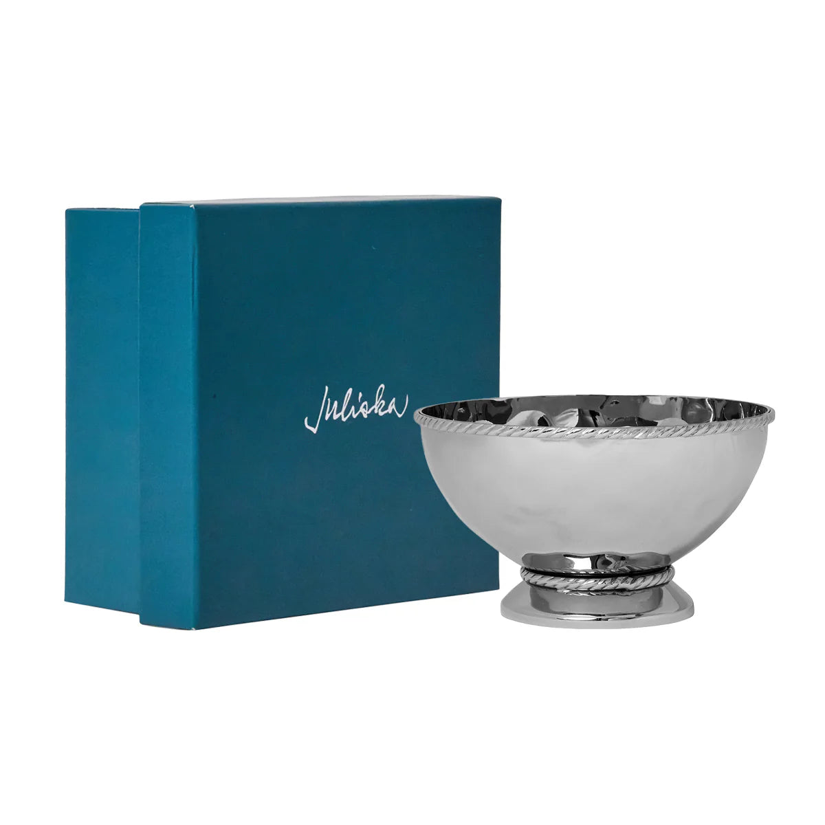 The Juliska Graham Cocktail Bowl, featuring a hammered stainless steel design with the brand's signature thread motif, is displayed next to a teal Juliska box on a white background.