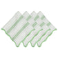 Four linen napkins from the Juliska Cabana Stripe Tabletop Collection feature green and white stripes and are folded in a zigzag pattern.
