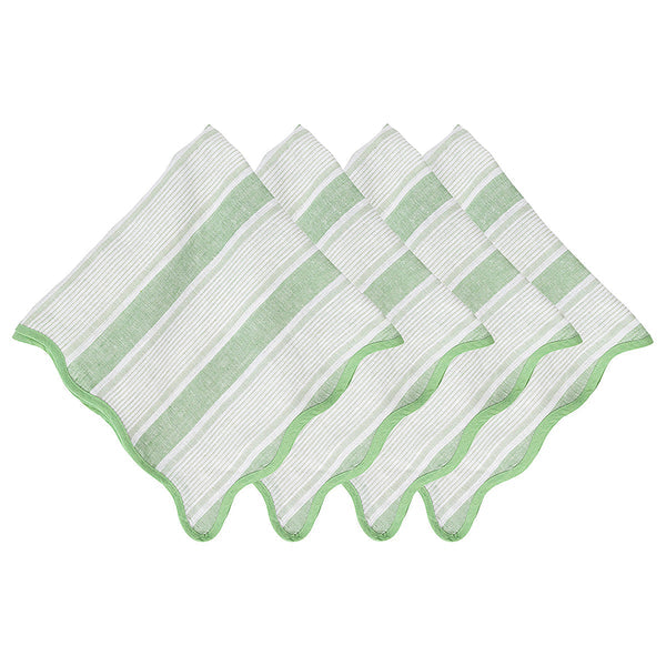 Four linen napkins from the Juliska Cabana Stripe Tabletop Collection feature green and white stripes and are folded in a zigzag pattern.