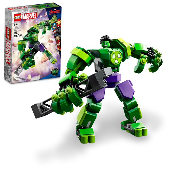 LEGO® Marvel Hulk Mech Armor set featuring a green and purple movable Hulk mech alongside its Toyhouse packaging box adorned with matching graphics.