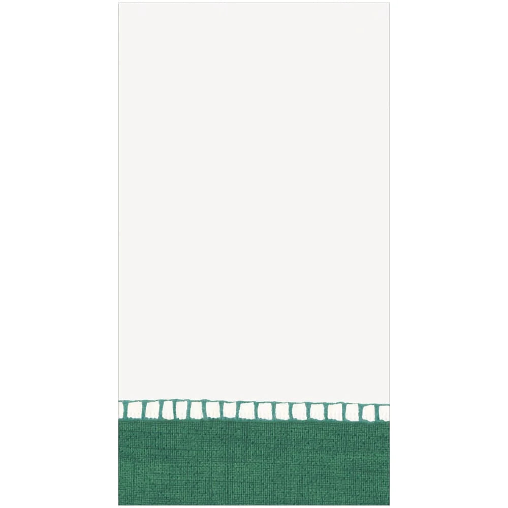 The Caspari Linen Border in Emerald is a white rectangular towel with a solid green band and small white border, perfect with biodegradable napkins.