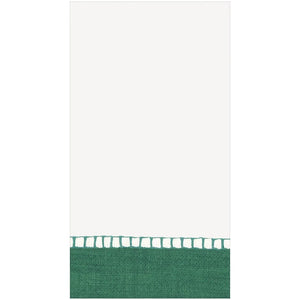 The Caspari Linen Border in Emerald is a white rectangular towel with a solid green band and small white border, perfect with biodegradable napkins.