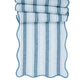 The Juliska Cabana Stripe Tabletop Collection features a folded fabric with blue and white cabana stripes, scalloped trim, and wavy edges.