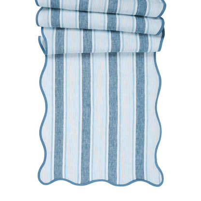 The Juliska Cabana Stripe Tabletop Collection features a folded fabric with blue and white cabana stripes, scalloped trim, and wavy edges.
