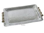 The Beatriz Ball Garden Bamboo Rectangular Tray Collection features a medium silver aluminum alloy tray with a hammered finish and decorative serving handles at each end, labeled "Medium" below the tray.
