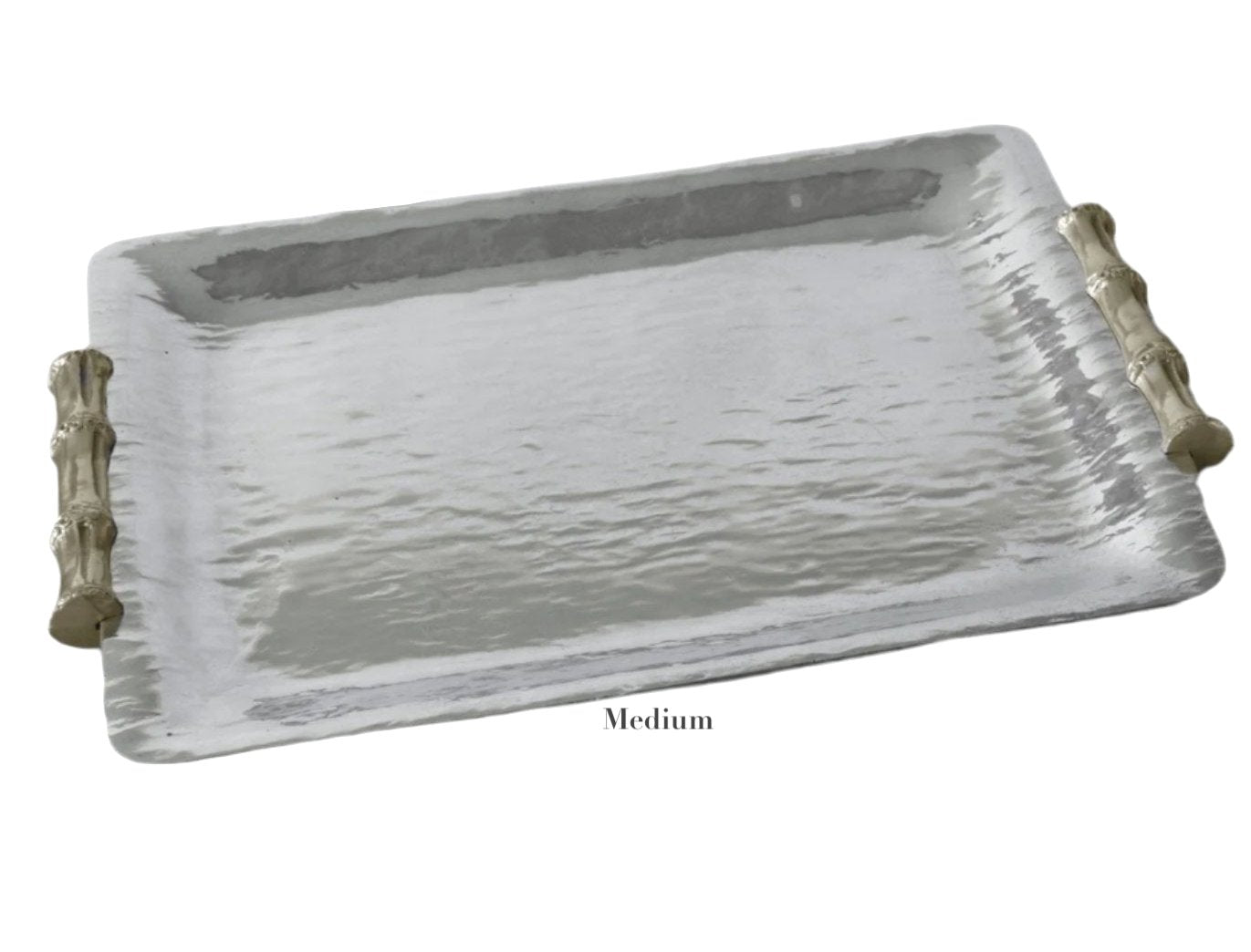 The Beatriz Ball Garden Bamboo Rectangular Tray Collection features a medium silver aluminum alloy tray with a hammered finish and decorative serving handles at each end, labeled "Medium" below the tray.