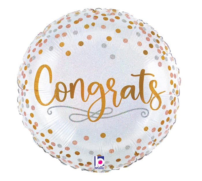 The Signature Balloon by Burton+Burton is a round foil balloon adorned with gold and pink polka dots, featuring the word "Congrats" in elegant gold script at its center. Perfect for pairing with floral arrangements or adding to a bundle of balloons, this celebratory piece also comes with the convenience of local delivery.