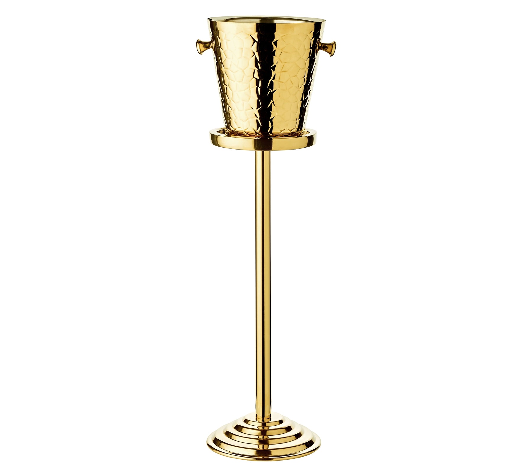 The EDZARD Capri Ice Bucket with Stand Collection features a tall, metallic gold stainless steel bucket with side handles on a matching textured stand—ideal as a champagne cooler for luxury hotel settings.