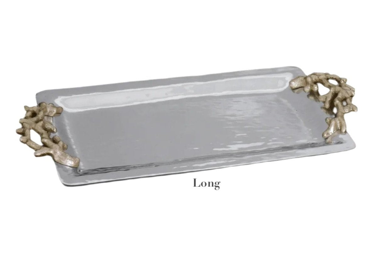 The Beatriz Ball Ocean Coral Emerson Tray Collection features a rectangular aluminum alloy tray with a textured surface, ornate gold handles, and "Long" labeled underneath.