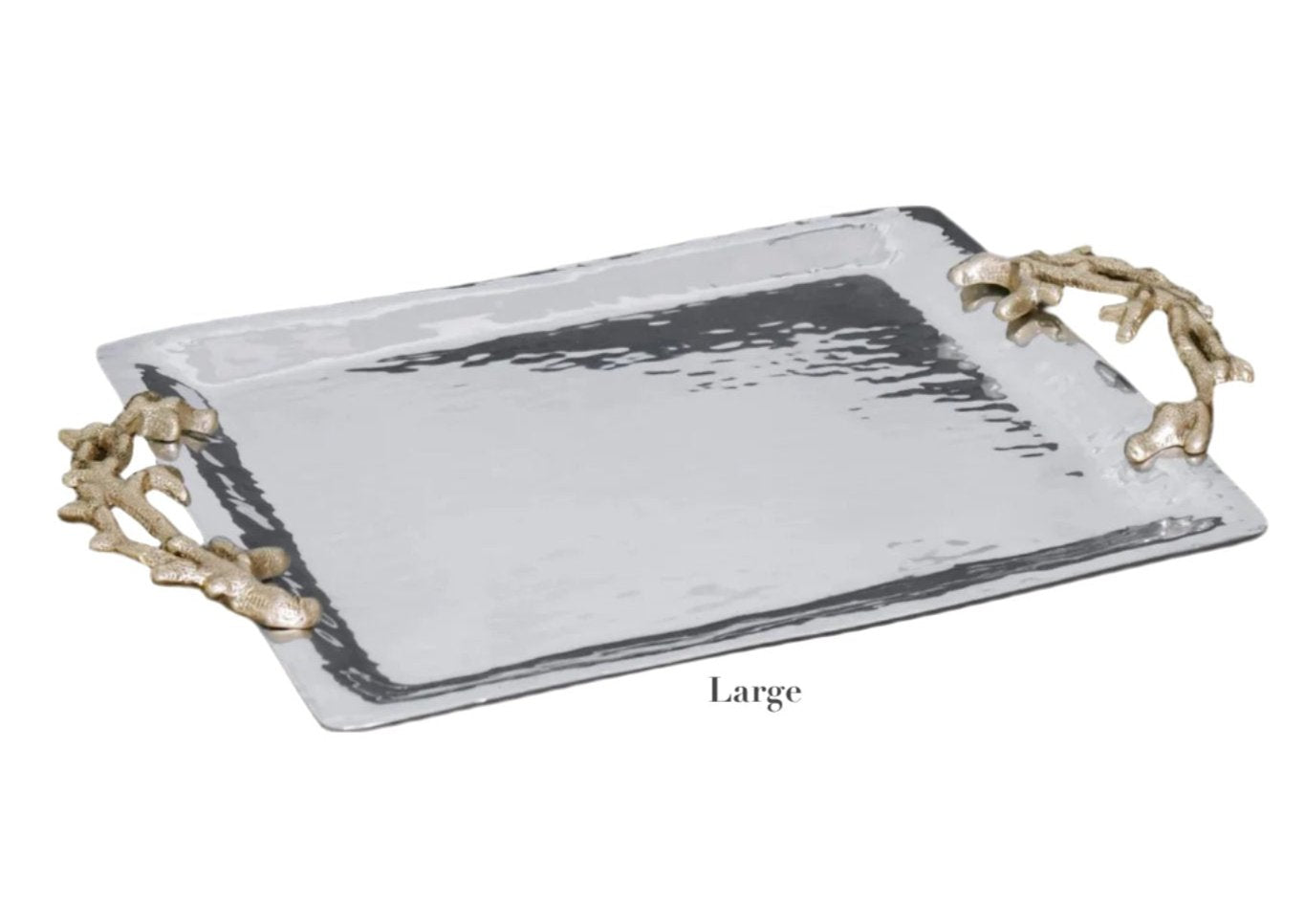The Ocean Coral Emerson Tray from Beatriz Ball’s collection features a large rectangular silver aluminum alloy tray with a hammered finish and decorative gold branch-shaped handles on both sides.