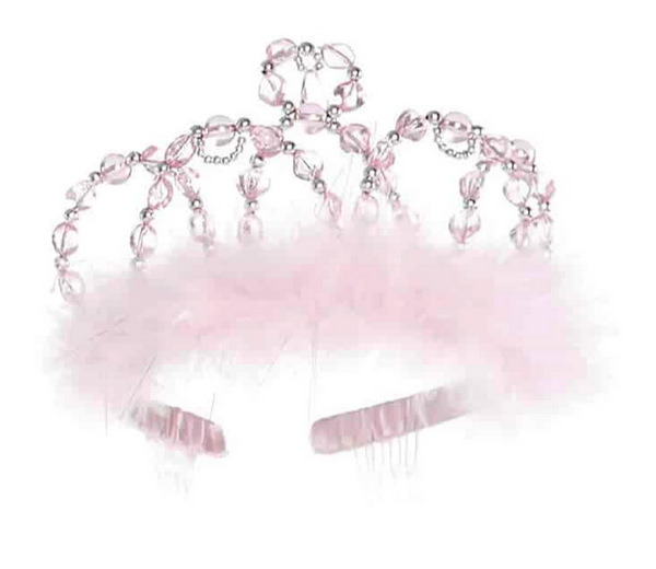 A Great Pretenders Pink Princess Tiara with a feather trim and clear bead accents on a white background.