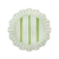 The Juliska Cabana Stripe Melamine Dinnerware Collection features a round, shatterproof plate with ruffle trim, scalloped edges, and green vertical stripes in solid and thin patterns—perfect for adding charm to any table setting.