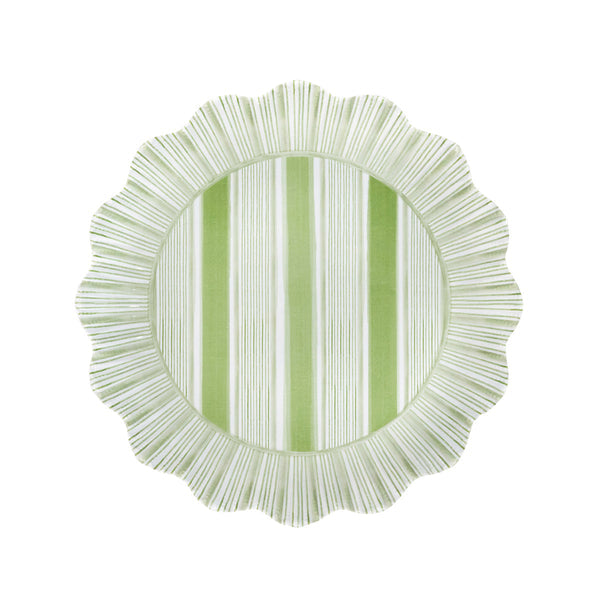 The Juliska Cabana Stripe Melamine Dinnerware Collection features a round, shatterproof plate with ruffle trim, scalloped edges, and green vertical stripes in solid and thin patterns—perfect for adding charm to any table setting.
