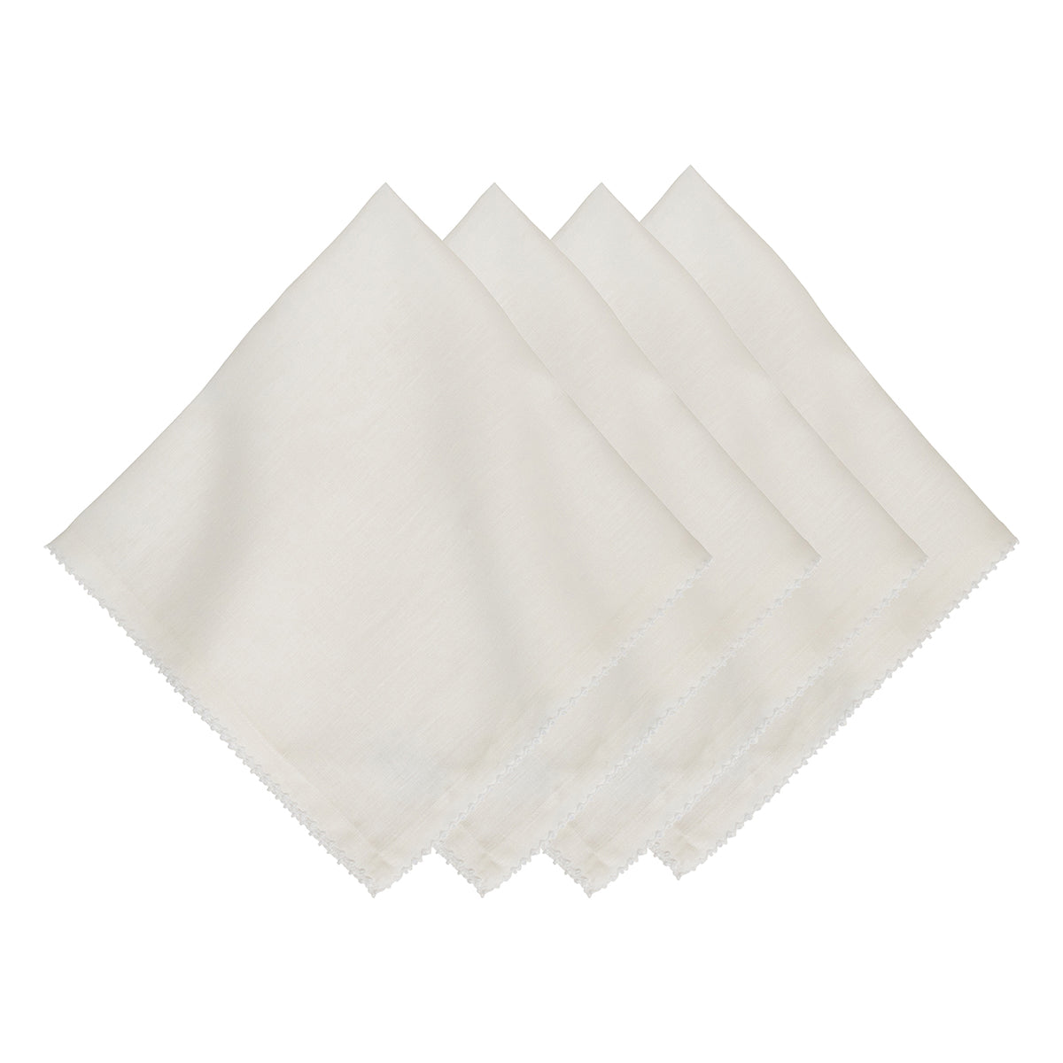 Four Berry Scallop Napkins from Juliska are displayed in a fanned-out pattern on a white background, perfect for pairing with your favorite woven linen tablecloths.