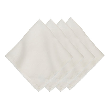 Four Berry Scallop Napkins from Juliska are displayed in a fanned-out pattern on a white background, perfect for pairing with your favorite woven linen tablecloths.