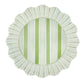The Juliska Cabana Stripe Melamine Dinnerware Collection features a round, shatterproof dinner plate with ruffle trim scalloped edges, vertical green and white stripes, and a textured border—offering charm and durability to any table.