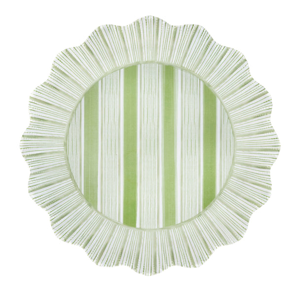 The Juliska Cabana Stripe Melamine Dinnerware Collection features a round, shatterproof dinner plate with ruffle trim scalloped edges, vertical green and white stripes, and a textured border—offering charm and durability to any table.