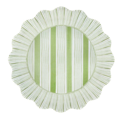 The Juliska Cabana Stripe Melamine Dinnerware Collection features a round, shatterproof dinner plate with ruffle trim scalloped edges, vertical green and white stripes, and a textured border—offering charm and durability to any table.