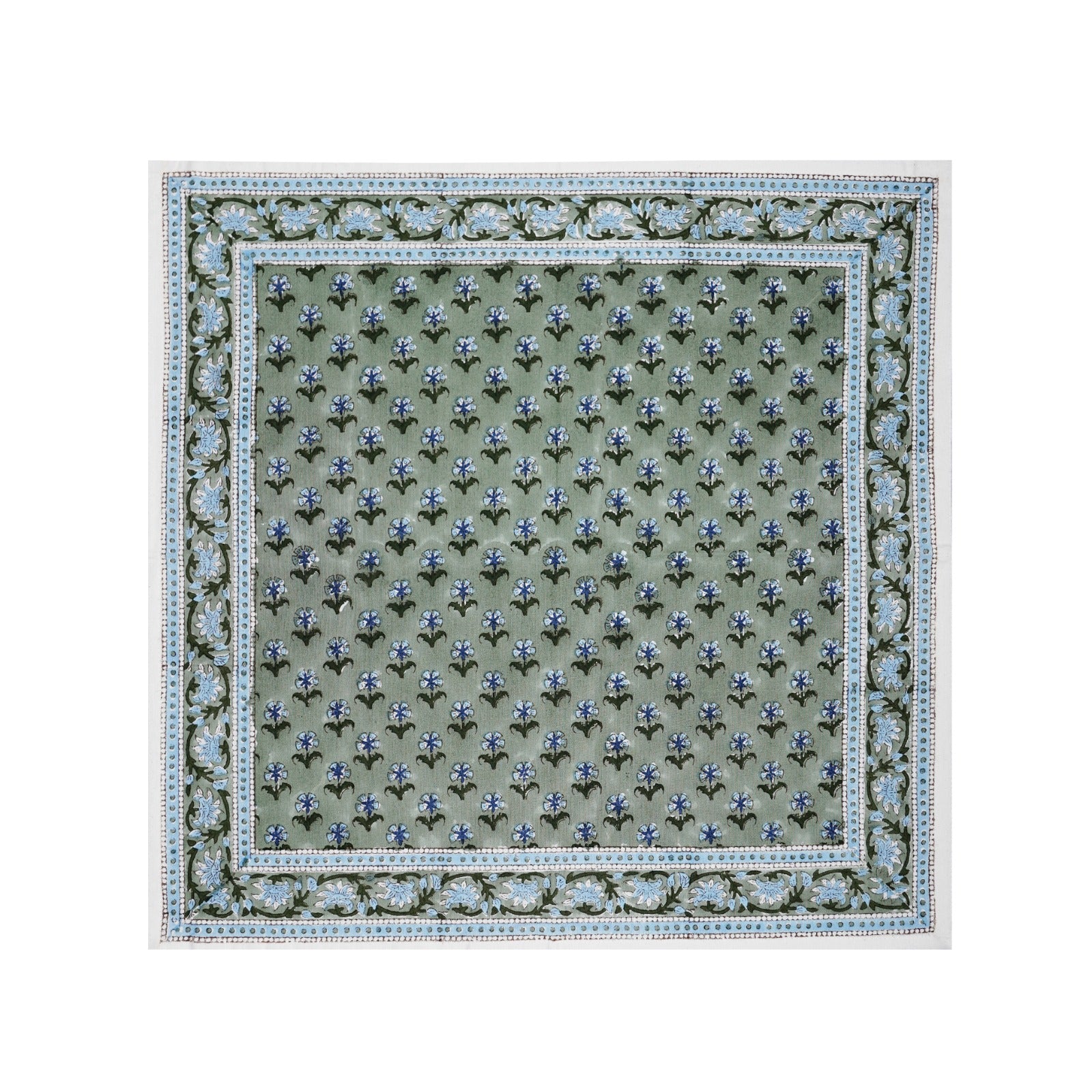 Square scarf featuring a green base, blue and black floral motifs, and a blue-white ornate border, inspired by SLOANE BY HAND’s Alwar Table Linen Collection’s elegant hand block printed linens.