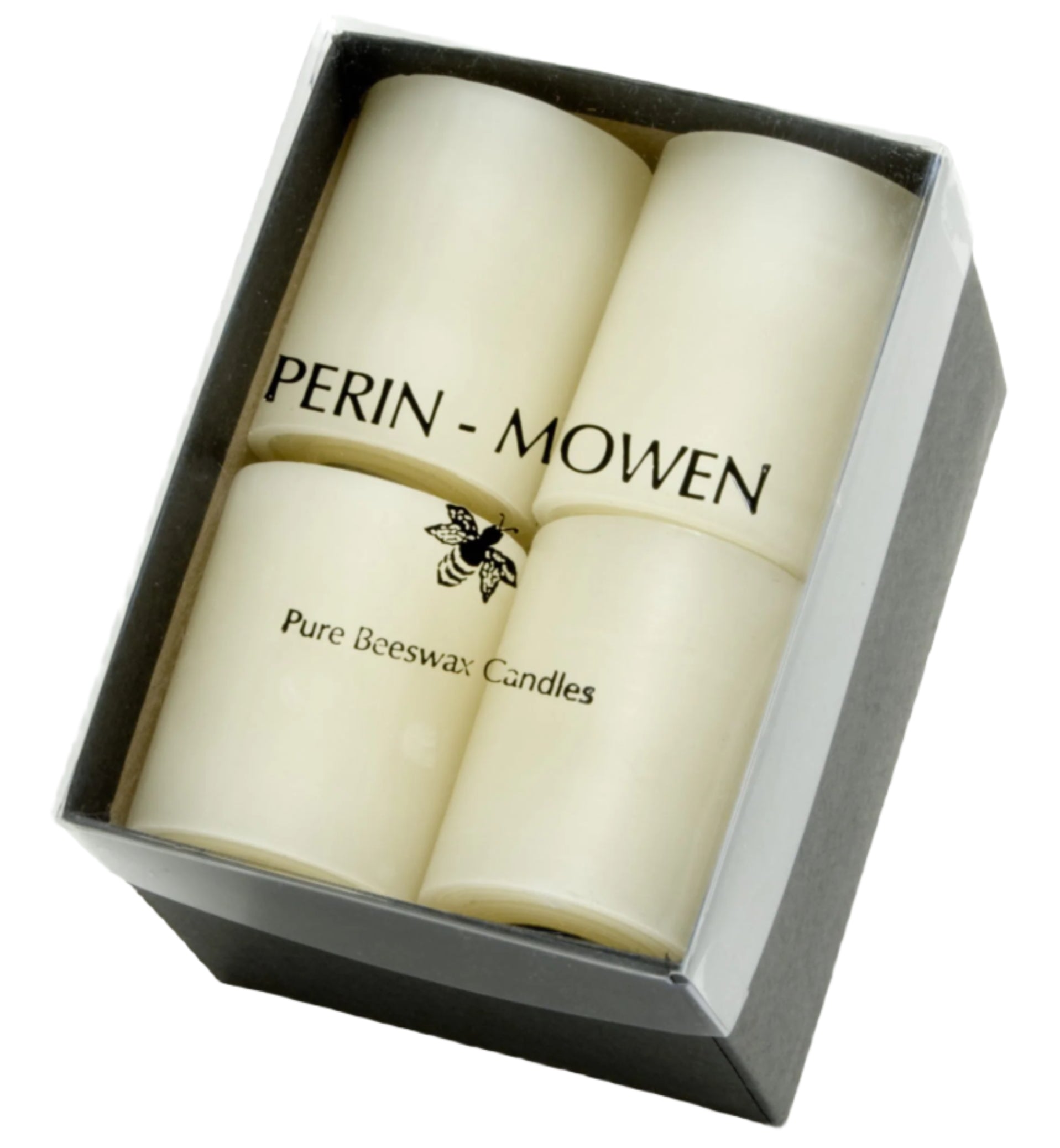 A box of four hand-rolled white votive candles from Perin Mowen’s Votive Candle Set features a clear lid, black base, and clean-burning elegance for any setting.