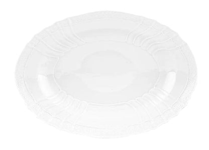 The Ginori 1735 Vecchio White Oval Platter features a decorative, textured rim and fine craftsmanship, seen from above on a white background in the iconic Vecchio style.